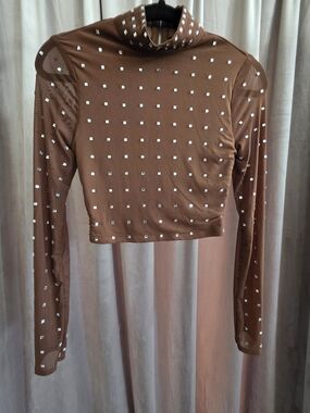 Lulus Rhinestone Mesh Mock Neck Crop Top Brown Y2K XS